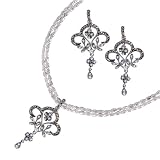 Fleur-de-lis Silver Natural Seed Pearl Pendant Necklace & Chandelier Earrings Set, White Pearl Chain - by Dahlia Vintage Jewelry Collection