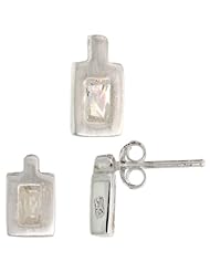Sterling Silver Matte-finish Rectangular Earrings (9mm tall) & Pendant (11mm tall) Set, w/ Emerald Cut CZ Stones