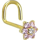 Solid 14KT Yellow Gold Pink and Clear Cubic Zirconia Flower Left Nostril Screw - 20 Gauge