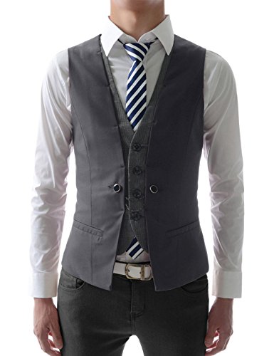 (VE34) TheLees Mens premium layered style slim vest waist coat Dark gray US XS(Tag size M)