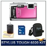Olympus Stylus Tough-6020 Digital Camera (Pink), 14 Megapixel, 28mm 5X Optical Zoom, 2.7 LCD Screen, Waterproof to 16', 4 GB Memory Card, Deluxe Carrying Case, and Lens Cleaning Kit