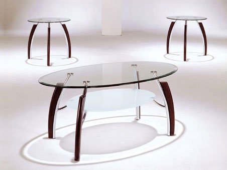Chrome & Wood Leg 3pc Coffee/End Table Set w/ Glass #AC 018188