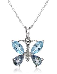 10k White Gold Blue Topaz and Neptune Garden Topaz with Diamond-Accent Butterfly Pendant