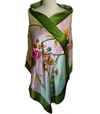 silkNOW Unique 3D Design Light Green and Aqua Scarf, Hand Painted, Hand Embroidered, and Hand Beaded, 100% Pure Silk Satin with Beautiful Floral Pattern