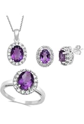 Jewelili Amethyst & Created White Sapphire Sterling Silver 3 Pieces Box Set, Size 7