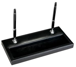 Black Leather Double Pen Stand with Silver Accents