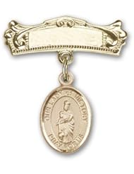 14K Gold Baby Badge with Our Lady of Victory Charm and Arched Polished Badge Pin