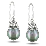 9-9.5mm Black Tahitian Cultured Pearl Lever Back Silver Earrings