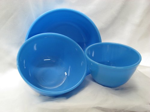 3 Nesting Mixing Bowls Hand Made Solid Blue Milk Glass Set