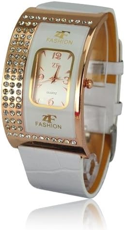 Elegant Fashionable PU Leather Watch Band Quartz Movement Wrist Watch with Rhinestones-set Arcuate Dial and Colored but Graceful Indicators-White