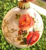 Christmas by Krebs Sphere Christmas Tree Ornament with Roses - Hand Decorated Glass with Crowns - Single OrnamentbKrebs Hand Decorated Glass Ornament Victorian Rose
