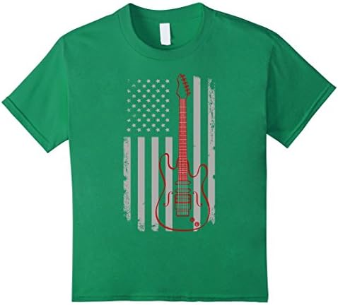Kids Guitar Heartbeat U.S. Flag Shirt- Patriotic Guitar Shirt 10 Kelly Green