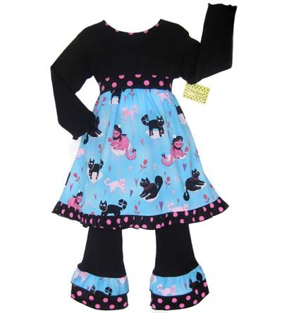 New Girls Kitty Cats & Dots Dress & Pant Outfit