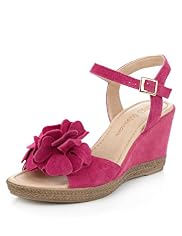Suede Floral Corsage Wedge Sandals