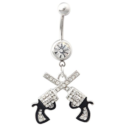 316L Surgical Steel 14G Western Cowgirl Clear Crystal Double Revolver Pistol Gun Dangle Belly Navel Ring