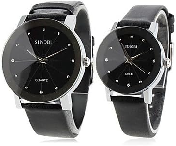 Watch Shout Couple's Black Dial Pu Band Quartz Analog Wrist Watches (1-Pair)
