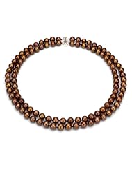 Sterling Silver 2 Rows 8-9mm Chocolate Cultured Freshwater Pearl High Luster Necklace 17"-18" Length.