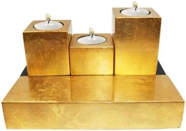 Metalic gold- set of decorative wooden lacquer cube shapped tea-light candleholders-Tallest cube is 3.9"