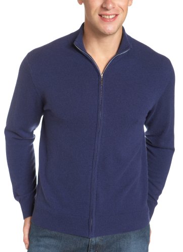 Red Moon Men's 100% Cashmere Full-length Zipper Cardigan Sweater, Dark Navy, Large