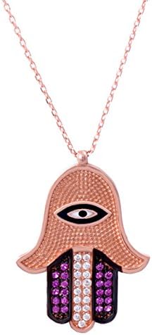 925 Sterling Silver Eye of Fatima or Hand of Hamsa Evil Eye Necklace with Cz Stones and Enamel Evil Eye Charm