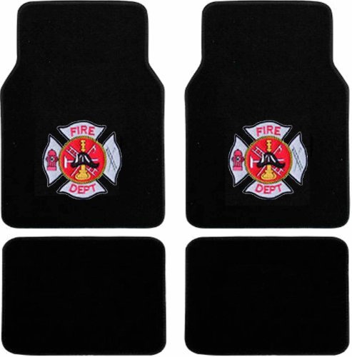 4pc Universal Fire Department Maltese Cross Logo Front and Rear Black Carpet Floor Mats for Car Suv Truck