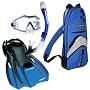 US Divers Deluxe Grande Vista Purge Dry Snorkeling Set: Silicone purge mask, Total Dry snorkel, Trek compact travel fins, travel bag and strap cover