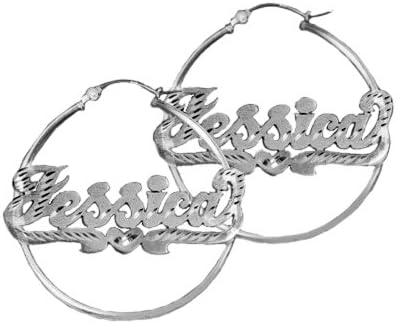 SNSFD112 Personalized Sterling Silver Dia-Cut 1-1/8" size Hoop Name Earrings