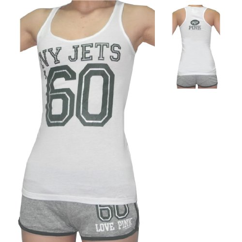 2 PIECE SET: WOMENS Pink Victoria's Secret NFL New York Jets #60 Sports Tank Top and Shorts Set - White & Grey (Size: XS) at Amazon.com