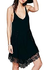V-neck Sleeveless Knee Length Cotton Floral Print Lace Asymmetric Club Dress 
