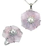 Rose Quartz Flower White Cultured Pearl Cubic Zirconia Platinum Overlay Sterling Silver Pendant 18" & Ring Set