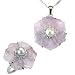 Rose Quartz Flower White Cultured Pearl Cubic Zirconia Platinum Overlay Sterling Silver Pendant 18" & Ring Set