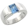 Sterling Silver 1.5 Carat Size Emerald Cut Blue Topaz Colored CZ Men's Solitaire Ring (Available in Sizes 8 to 13) size 10