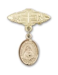 14K Gold Baby Badge with St. Bede the Venerable Charm and Badge Pin with Cross