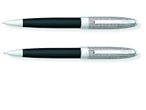 Cross Hamilton Ballpoint and Pencil Set, Chrome with Checkered Engraved Cap, Black Lacquer Barrel