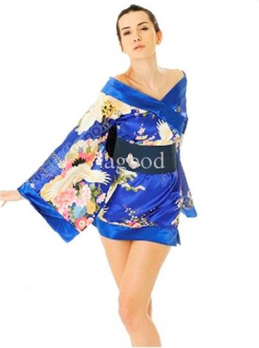 Yukata Japanese Kimono Lingerie Mini Silk Dress Costume - Blue - One Size - One Piece
