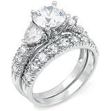 Sterling Silver Cubic Zirconia CZ Wedding Engagement Ring Set