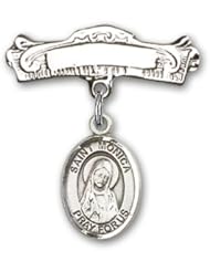Sterling Silver Baby Badge with St. Monica Charm and Arched Polished Badge Pin