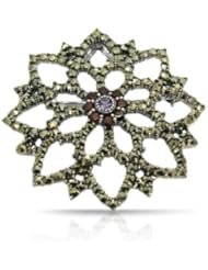 925 Sterling Silver Marcasite, Amethyst & Garnet Flower Brooch