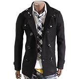 Doublju Mens Double PEA Wool Half Trench Coat BLACK(US/Medium)