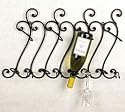 European scrolled Black IRON wall art mount hanging WINE bottles & glass storage RACK