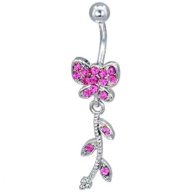 Pugster Pink Crystal Butterfly Dangling Ivy Dangle Belly Ring by Dangling Steel Belly Rings