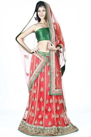 Online Fashion : Coral Red Net Embroidered Bridal and Wedding Lehenga Choli On Line