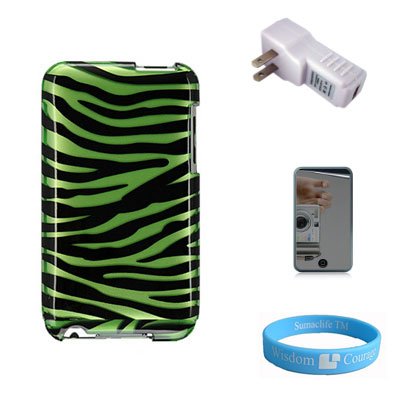 Apple iPod Touch 2nd and 3rd generation Green Zebra Protector Case + Mirror Screen Protector + itouch 2g 3g USB Wall Charger + Wristband