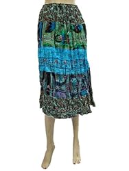 Womens Skirts Calf Length Blue Green Ethnic Print Bohemian Skirt 29"