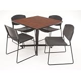 Hospitality 36 Square Reversible Wood Laminate Table in Cherry / Maple with 4 Stackable Zeng Chairs Chair material: Black Plastic
