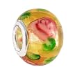 Pandora Style Charm Bead (Z295) Glass Style (15mm x 10mm) (fits Troll too) ~ Topaz Gold with Pink and Green Flowers