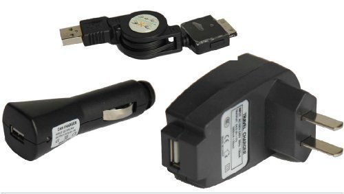 Zune HD 16GB 32GB Accessories. Premium 3 Pack Combo Retractable USB Cable + USB Home Wall Travel Plug in Ac Charger + USB Vehicle Cigarette Lighter Power Car Charger with Ic Chip