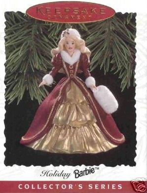 41mze D42XL Keepsake Ornament, Holiday Barbie, Collectors Series, Handcrafted, Dated 1996, Sculpted By Patricia Andrews, Fourth in the Holiday Barbie Ornament Series.