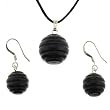 Black Stone Swirl Carved Round Pendant and Earring Set - Pendant 14mm, Earrings 12mm - Adjustable Cord Necklace