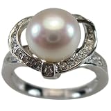 Sweet Heart Shaped Cubic Zirconia Ribbon White Cultured Pearl Platinum Overlay Sterling Silver Ring